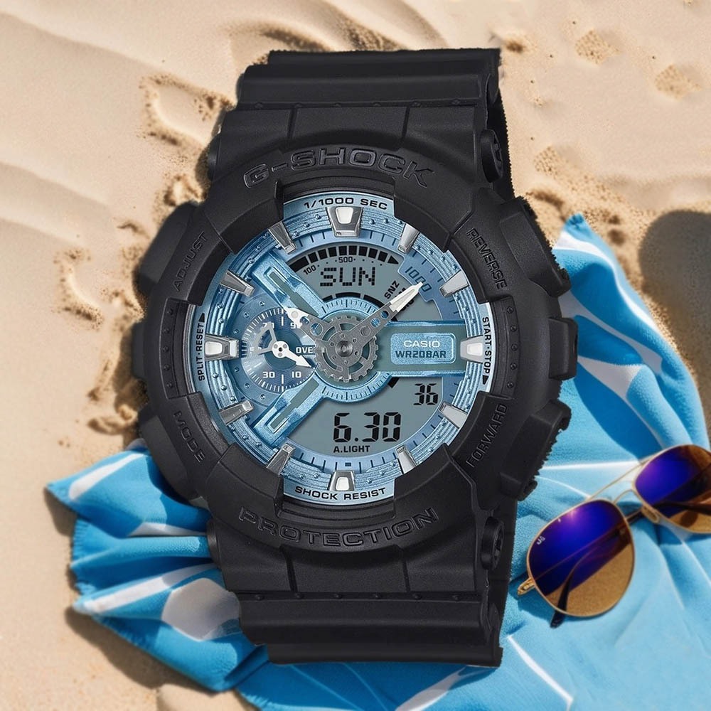 CASIO 卡西歐 G-SHOCK 冰藍色雙顯運動手錶 GA-110CD-1A2, , large