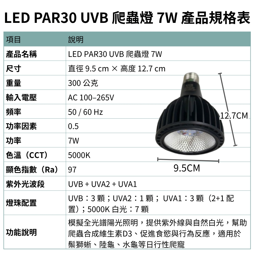 【君沛爬蟲燈】UVB 爬蟲燈 LED 補光燈 7W PAR30｜高 UVI 全光譜 適用爬蟲烏龜鬆獅, , large