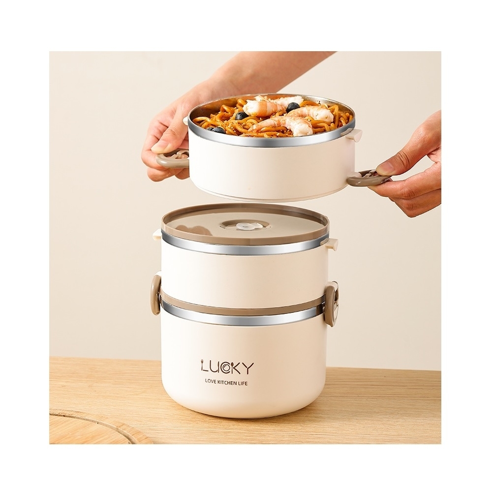 【A&R】日式304不鏽鋼三層保溫飯盒附贈湯匙+保溫袋 2600ML - 奶油白, , large