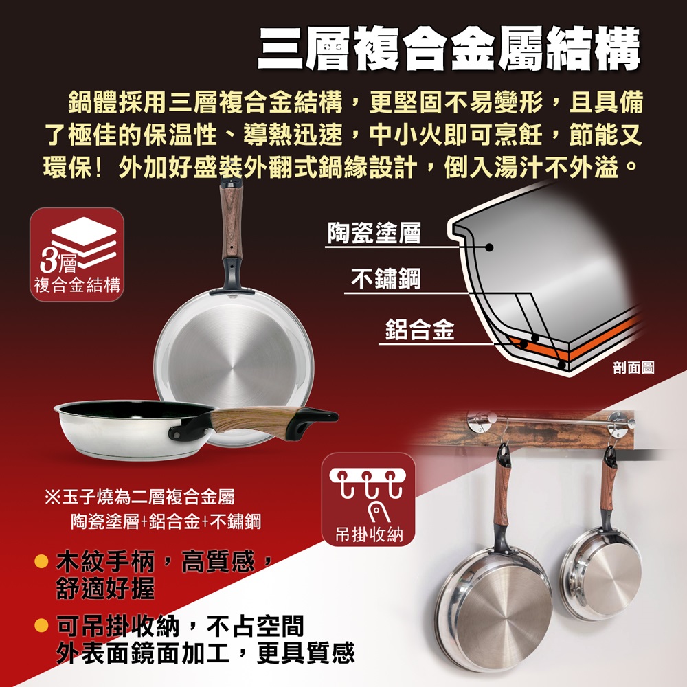 【日本北陸hokua】Mecera Zero陶瓷IH三層複合金不沾平底鍋20cm(含蓋), , large