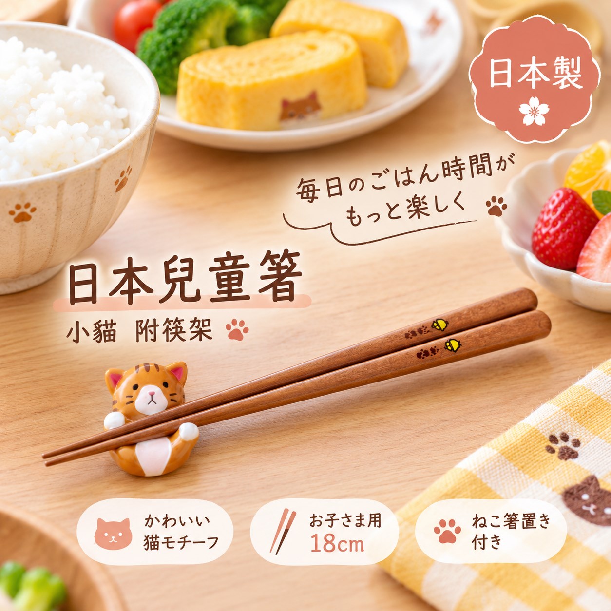 【HIYASU日安工坊】日本兒童箸-小貓 附筷架, , large
