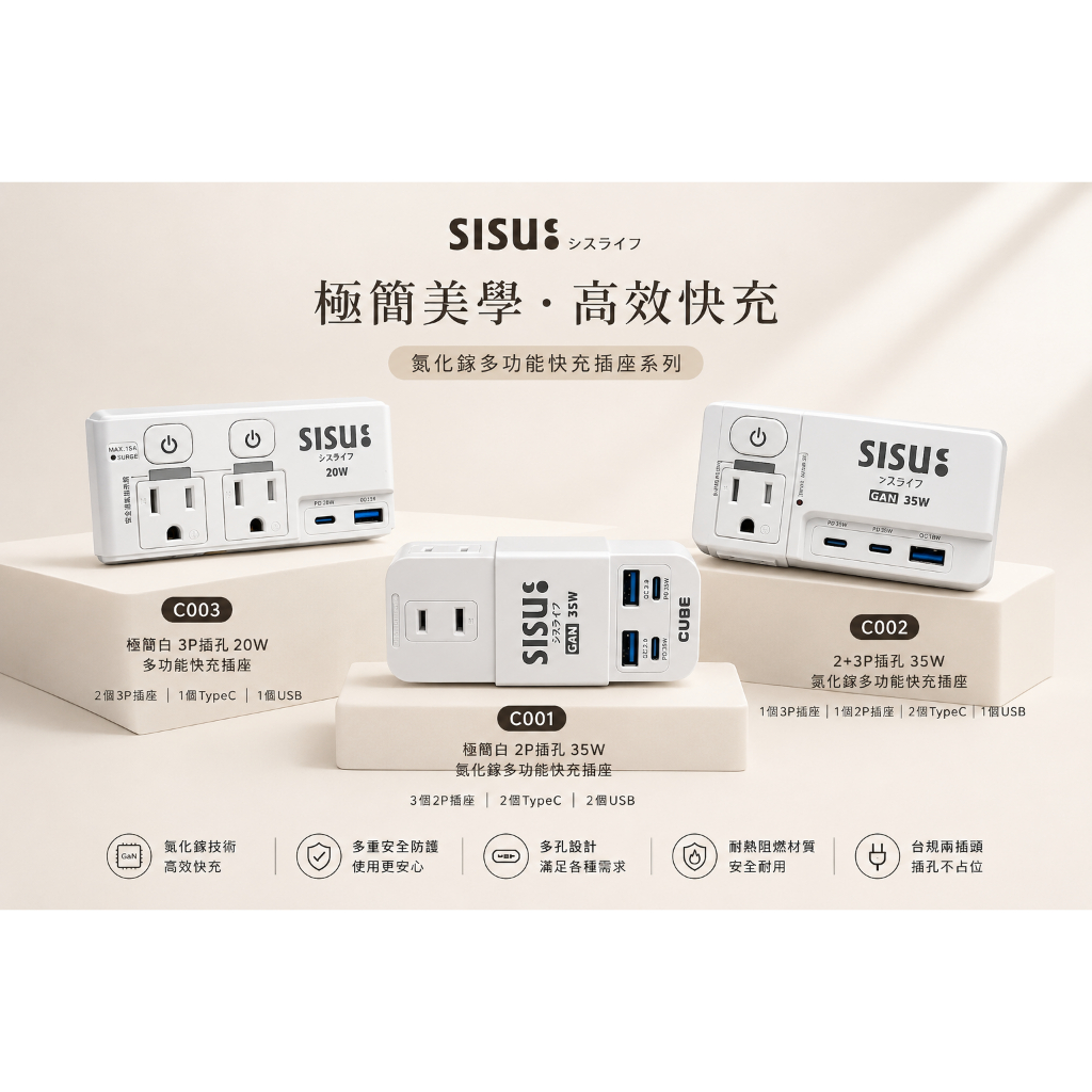 《氮化鎵-多功能-安全壁插》分接-Typ《氮化鎵-多功能-安全壁插》分接-Type-C智能快充-專利PTP-極簡白-mi, , large