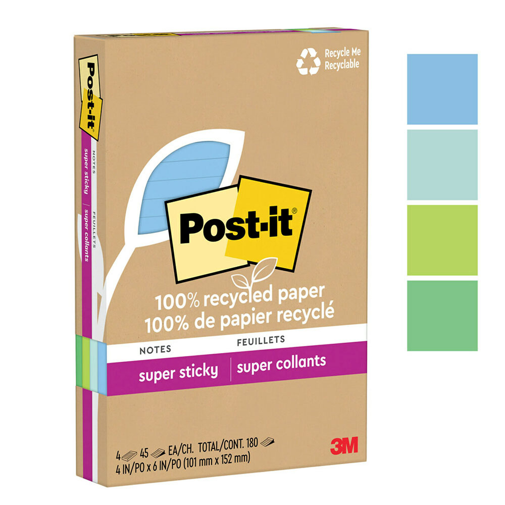 【3M】Post-it 利貼 狠黏 環保橫格便條紙 101x152mm（45張 /本）混色4本 /盒 4621R-4SST, , large