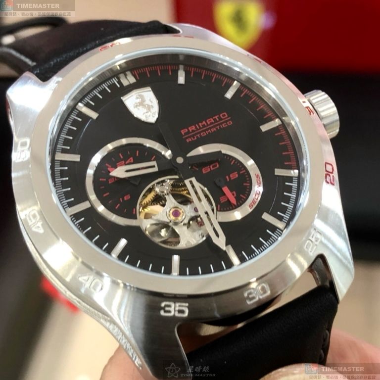 [星晴錶業]FERRARI手錶,44mm,FE00107黑色, 透視錶面銀錶殼深黑色真皮皮革錶帶款, , large