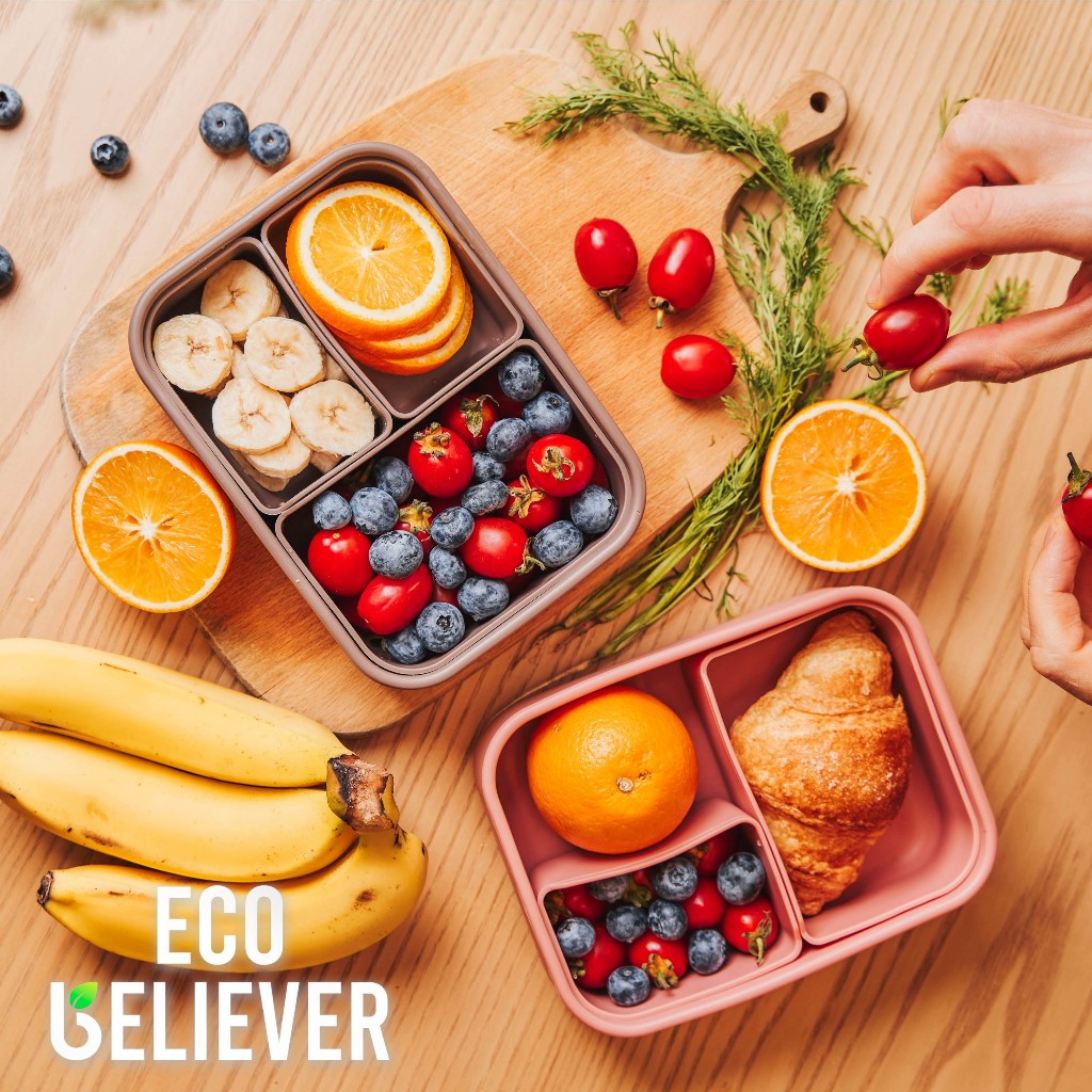 JC ECO BELIEVER 800ml Bento Box with 3 Removerable Compartments, Leak-Proof Silicone Container,Microwave, Dishwasher, Brown, , large