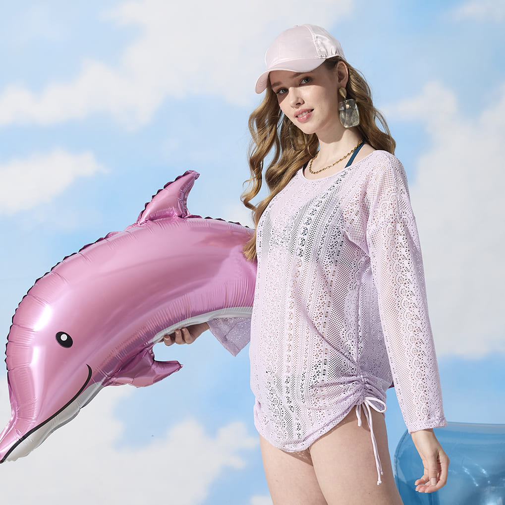 Made in Taiwan. Short-sleeved outerwear for girls, pinkish-purple with drawstring on the side (bikini not included)., , large