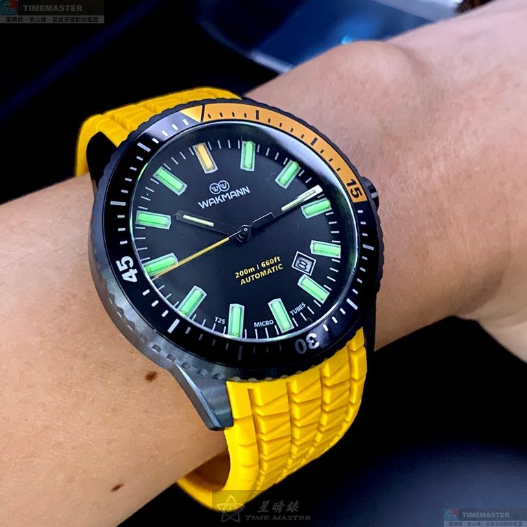 [星晴錶業]WAKMANN手錶,44mm,WA00029黑色錶面黑錶殼黃矽膠錶帶款, , large