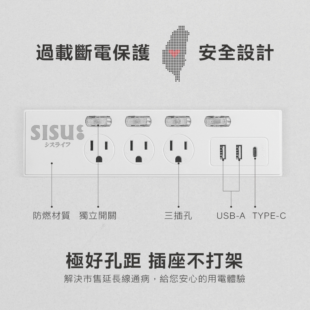 【台灣製造】熱銷款三插孔 極簡白  USB延長線 5開3座+2A1C 1.8M 扁頭插頭 獨立開關 熱銷A0001, , large