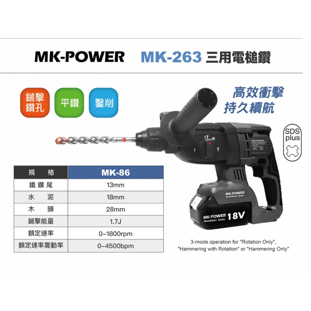 WIN五金 台灣品牌 MK-POWER MK-263 減震功能 強力型三用電槌 三用電鑽 三用電捶 電錘 電鑽, , large