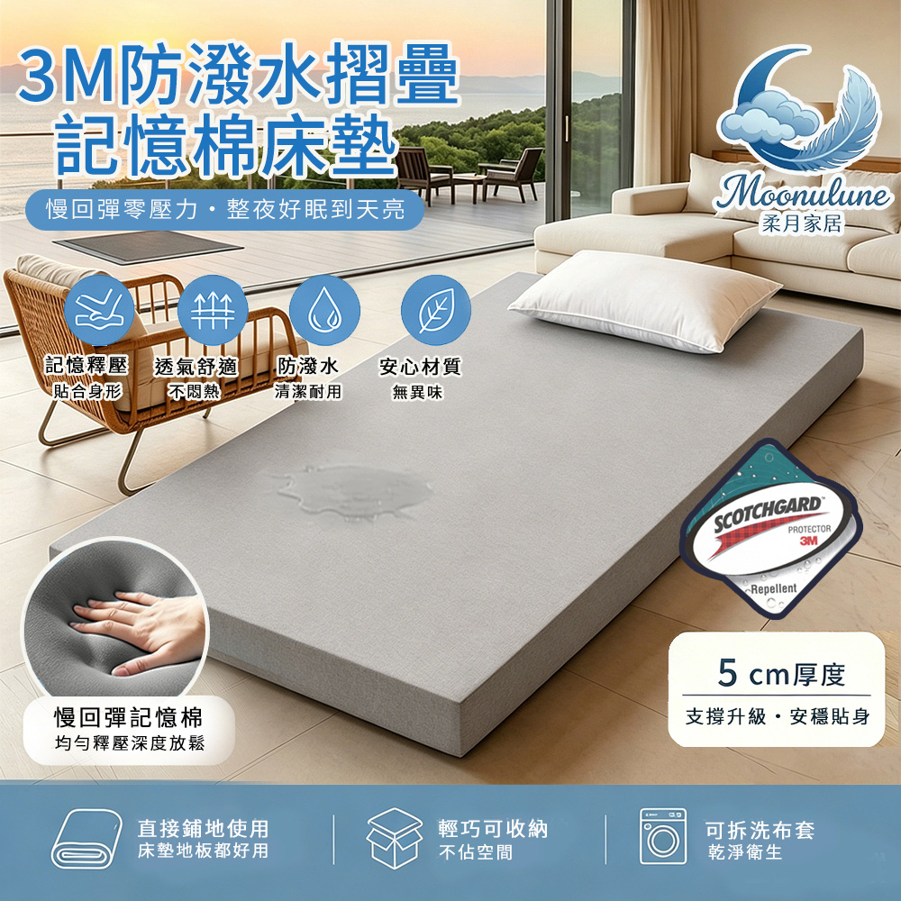 【Moonulune 柔月家居】5cm 3M防潑水摺疊記憶棉床墊/尺寸任選(贈專用收納袋/記憶棉/折疊床墊/學生宿舍/租屋), , large