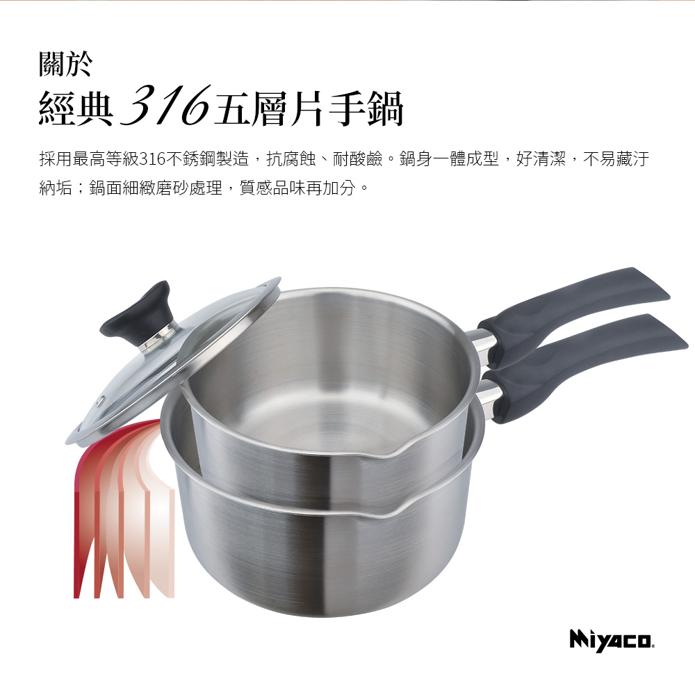Miyaco 米雅可 經典316不鏽鋼五層複合金片手鍋雪平鍋IH 無蓋20cm-Leidea樂德兒, , large
