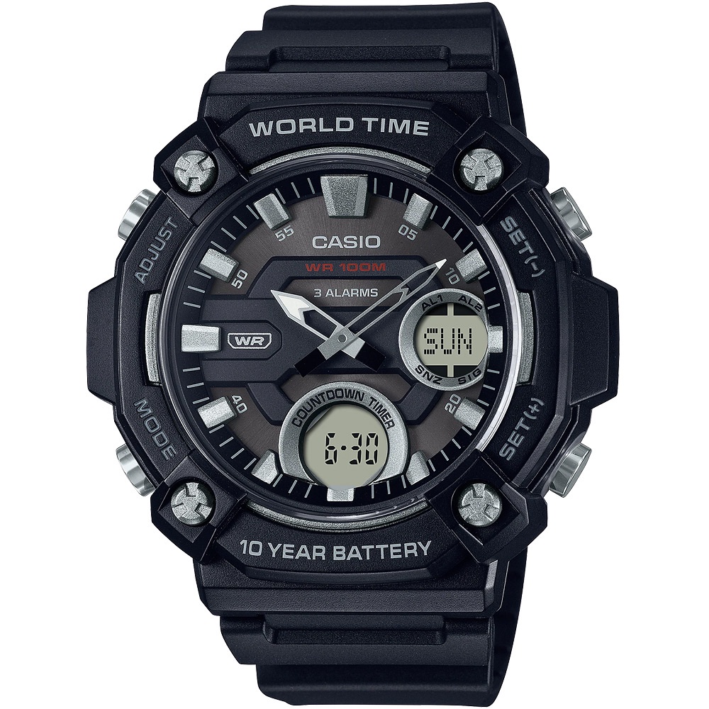 CASIO 卡西歐 10年電力 冒險精神 計時雙顯錶-黑 AEQ-120W-1AV, , large