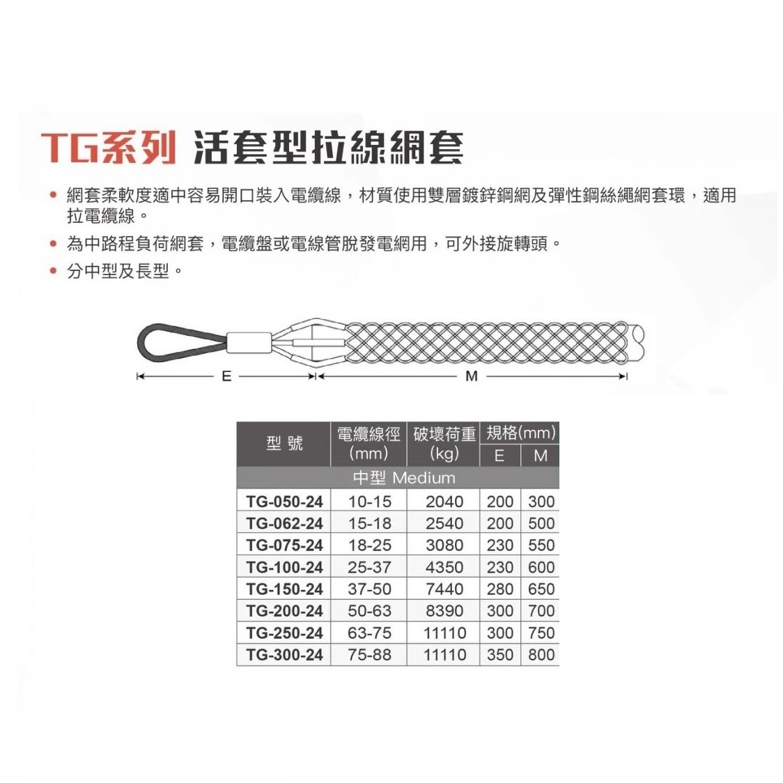WIN五金 台灣品牌WIN TG-250-24 活套型電纜拖網 電纜拖 電線拖網 電纜拉力網套 電纜拉線網 拉線網套 光電拖網, , large