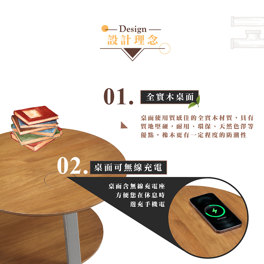 【Hampton 漢汀堡】萊頓實木免組裝無線充電圓茶几, , large