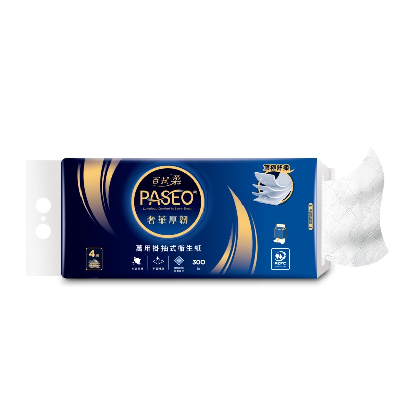 PASEO百拭柔4層奢華厚韌掛抽300抽衛生紙, , large