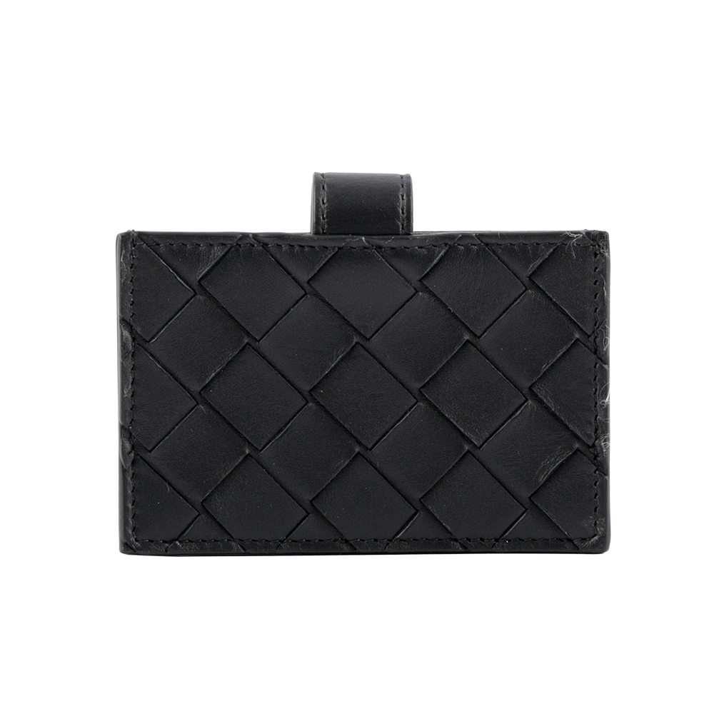BOTTEGA VENETA 小牛皮編織風琴式壓釦卡片夾/黑色, , large