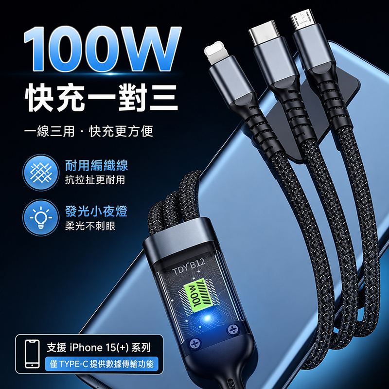 [翊承國際]【免運 + 贈品】6A 100W 一對三手機快充編織傳輸線, , large