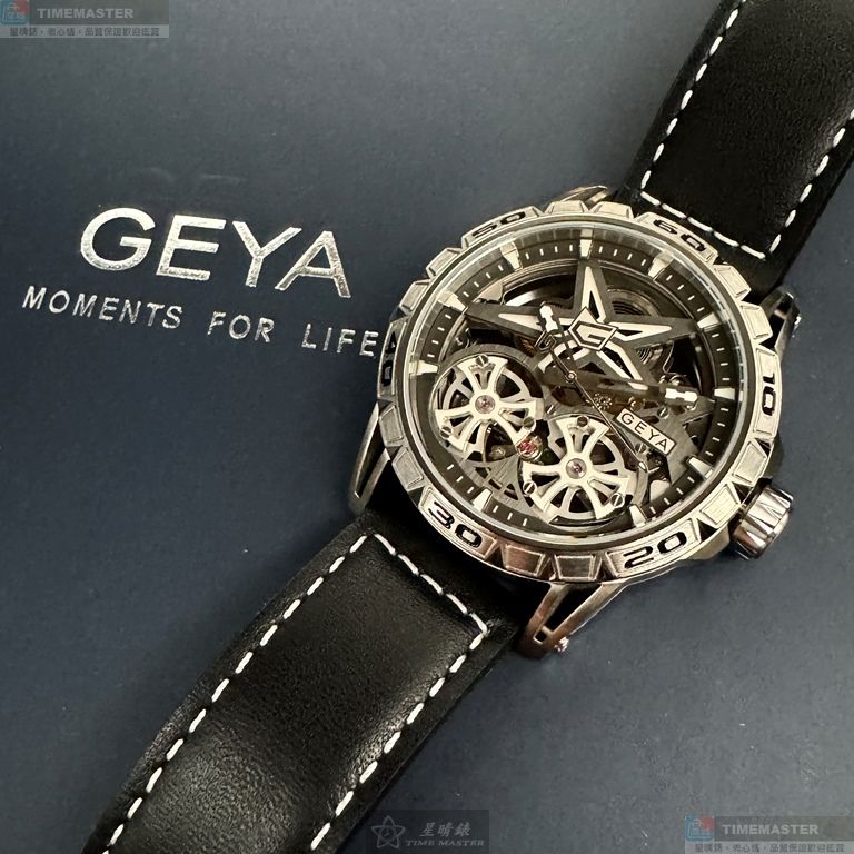 [星晴錶業]GEYA手錶,44mm,G78155GWK雙面機械鏤空錶面銀錶殼深黑色真皮皮革錶帶款, , large