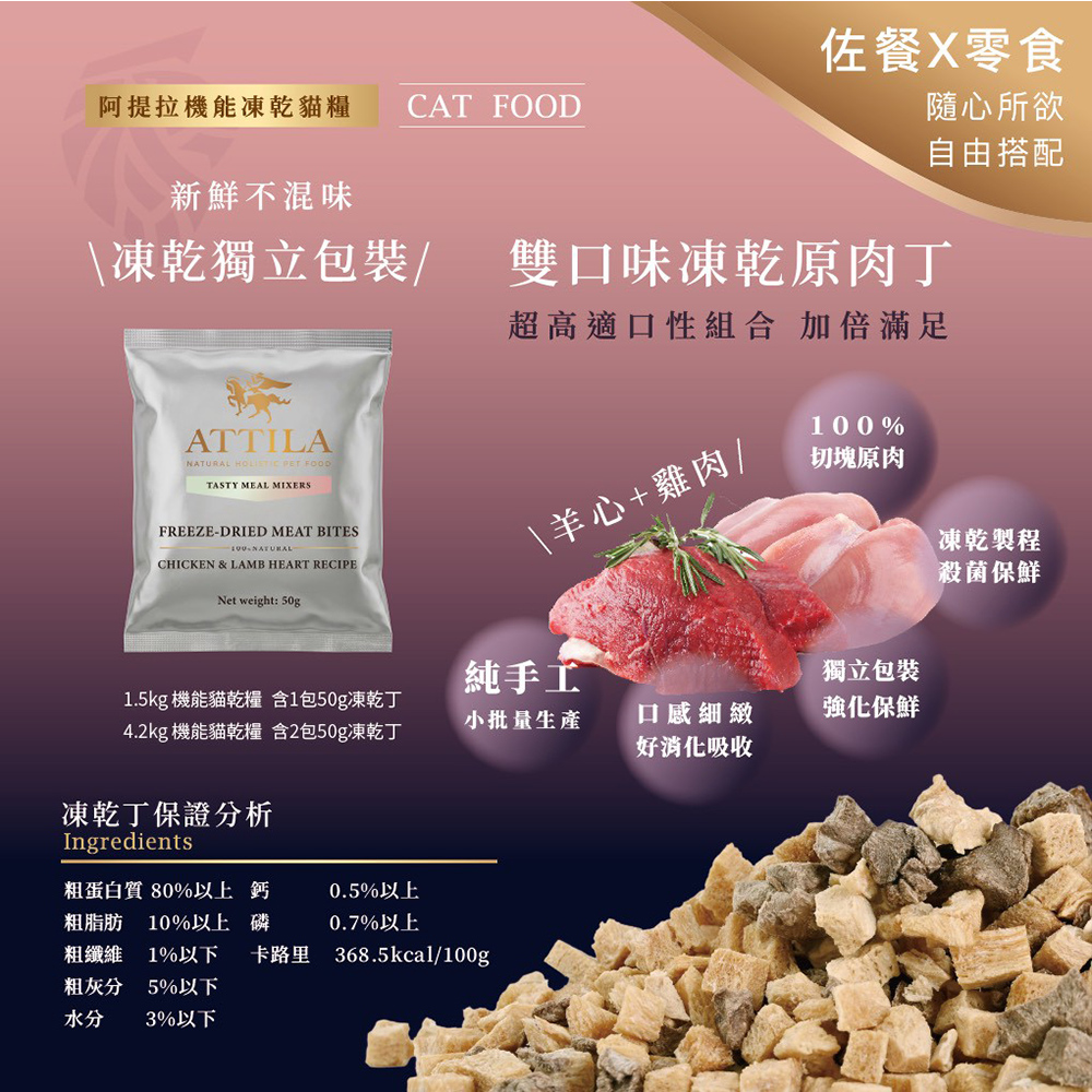 【ATTILA 阿提拉】機能凍乾貓糧 雞+鹿+鮭魚 消化保健1.5kg(全齡貓/貓飼料/無穀貓飼料), , large