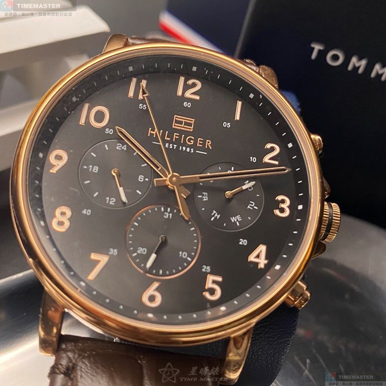 [星晴錶業]TommyHilfiger手錶,44mm,TH00003黑色錶面玫瑰金錶殼咖啡色真皮皮革錶帶款, , large