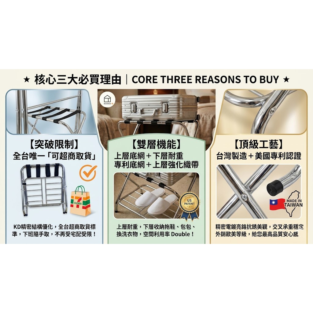 【Roomix】台灣製 折疊桌 行李架 飯店專用款 專利 雙層置物架 民宿 行李架 收納架 客房必備 附置鞋層, , large