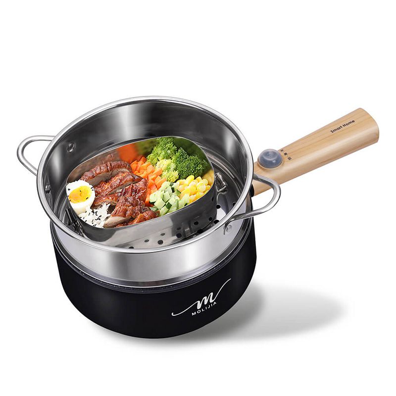 【MOLIJIA】1.6L-M18 Multifunctional Non-stick Electric Cooking Pot + M1812 Stainless Steel Steamer - Black Wood Grain, , large