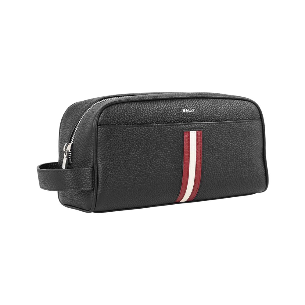 BALLY Ribbon 紅白條紋牛皮手拿包/萬用包/盥洗包(黑色), , large