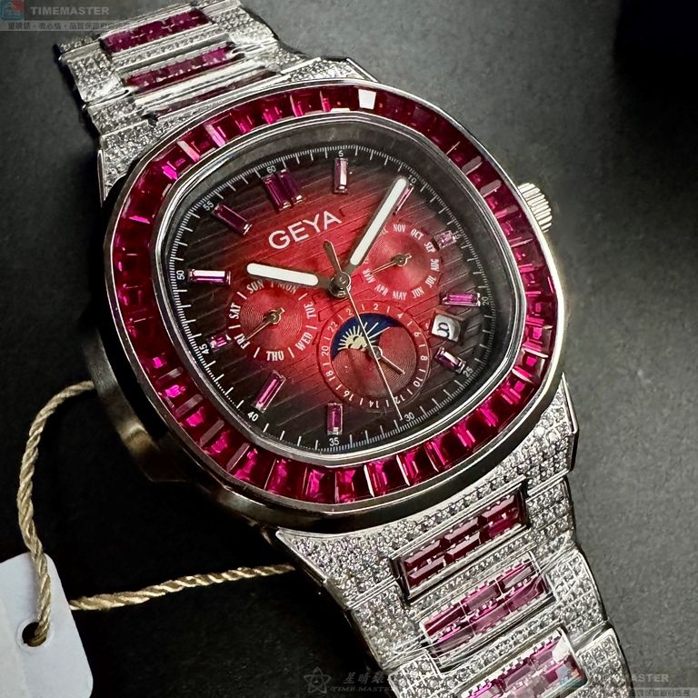 [星晴錶業]GEYA手錶,42mm,G78152GRR紅色錶面銀錶殼銀色精鋼錶帶款, , large