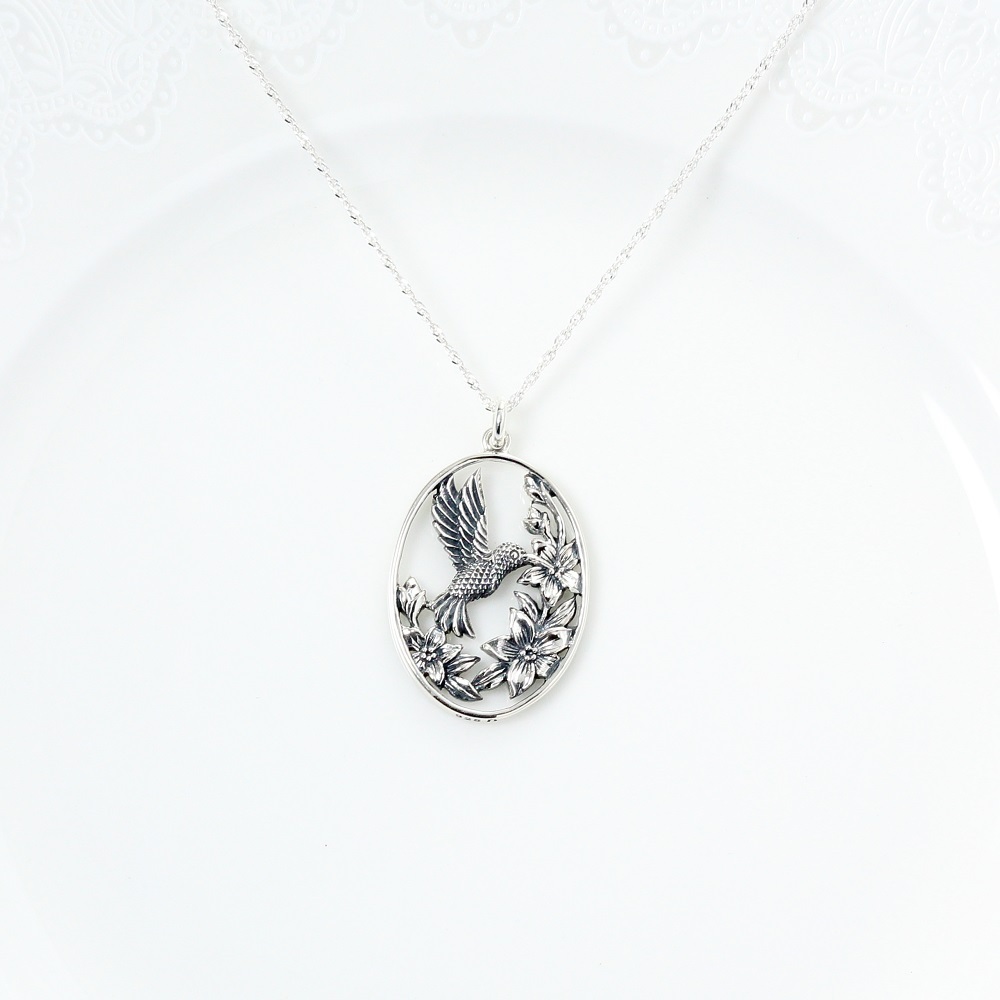 【Angel & Me】Hummingbird and Flower s925 sterling silver necklace birthday gift, , large