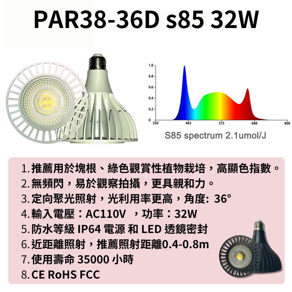 【君沛植物燈】LED植物燈 PAR38 LED32W聚光透鏡高光效植物燈(S85光譜) 黑殼 適合龍舌蘭、塊根, , large