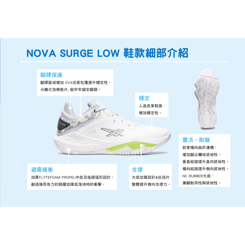 ASICS NOVA SURGE LOW 男籃球鞋 緩衝 彈跳型 耐磨 避震緩衝 1061A043 23SSO【樂買網】, 100 白綠,26.5cm, large