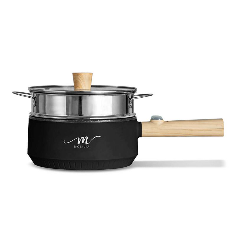 【MOLIJIA】1.6L-M18 Multifunctional Non-stick Electric Cooking Pot + M1812 Stainless Steel Steamer - Black Wood Grain, , large