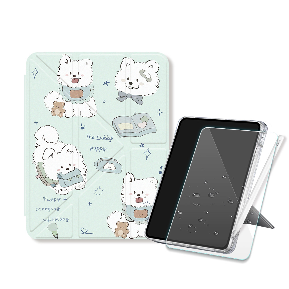 VXTRA 療癒萌寵 2025 iPad 11代/2022 iPad 10代 共用 Y折晶透 防摔立架皮套(笑笑犬)+9H玻璃貼(合購價), , large