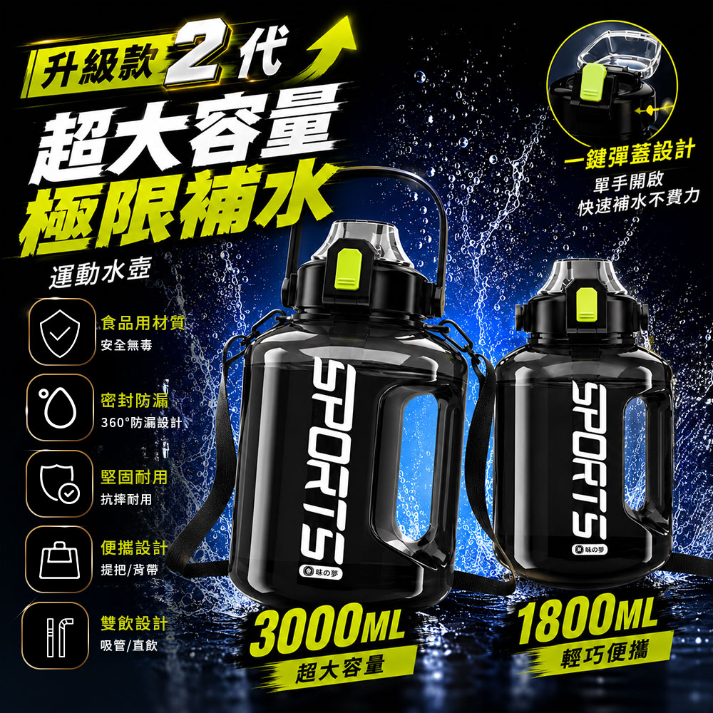 【高品生活】大容量噸頓桶彈蓋雙飲運動水壺｜頓噸桶｜戶外健身水瓶｜隨身水杯｜大容量水壺｜彈蓋水壺｜背帶雙飲水壺, , large
