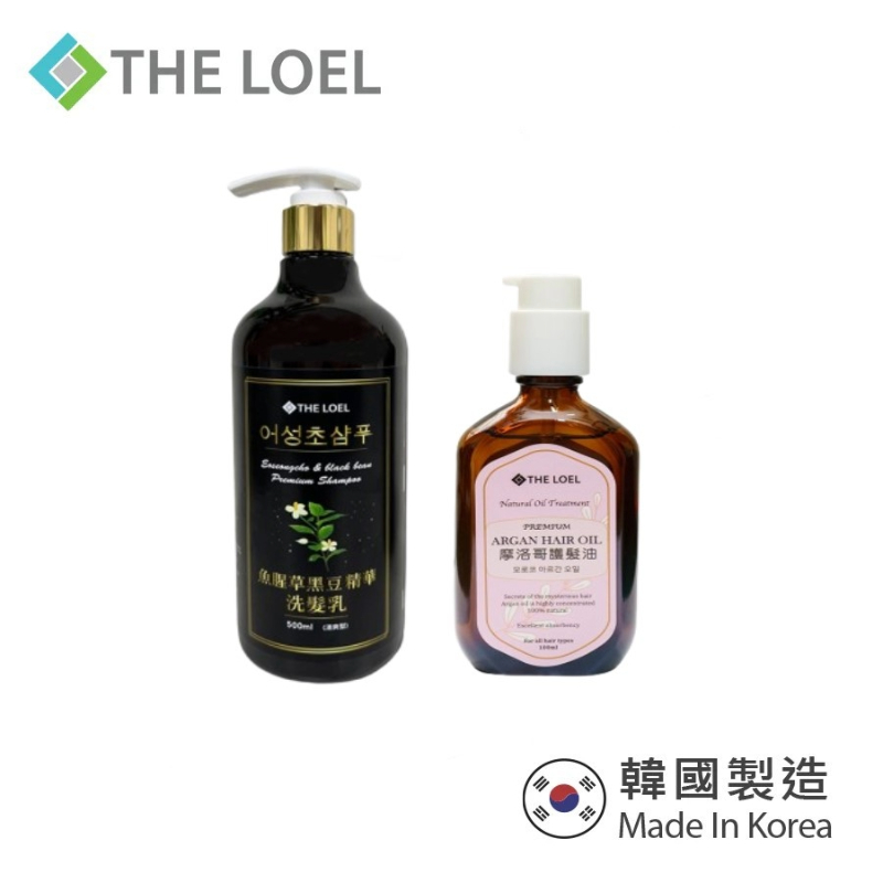 〔得來亞〕呵護秀髮體驗2件組-THE LOEL紅蔘摩洛哥堅果油 / 魚腥草黑豆精華洗髮乳500ml+摩洛哥護髮油100ml (附按壓式頭 ), , large