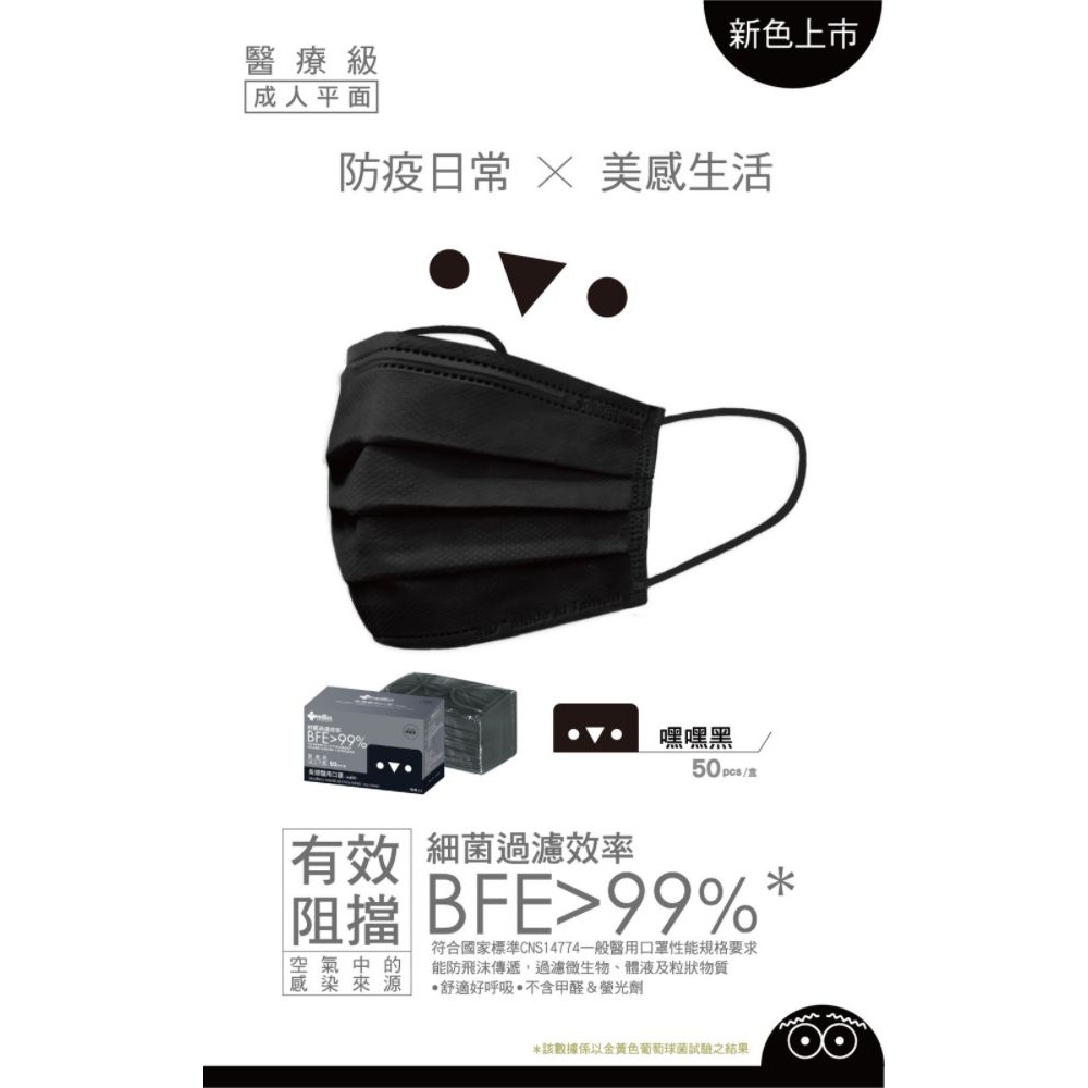 【10入組】MEDTECS 美德醫療 Black Face Mask 美德醫用成人口罩 嘿嘿黑 一盒50入 台灣製, , large