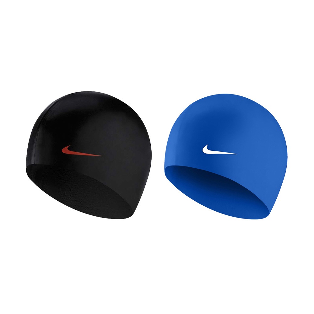 NIKE 成人矽膠泳帽 比賽 競賽 訓練 游泳 運動 簡約 素色 通用尺寸 低過敏 彈性 舒適 矽膠 貼合 耐用 黑 藍, , large