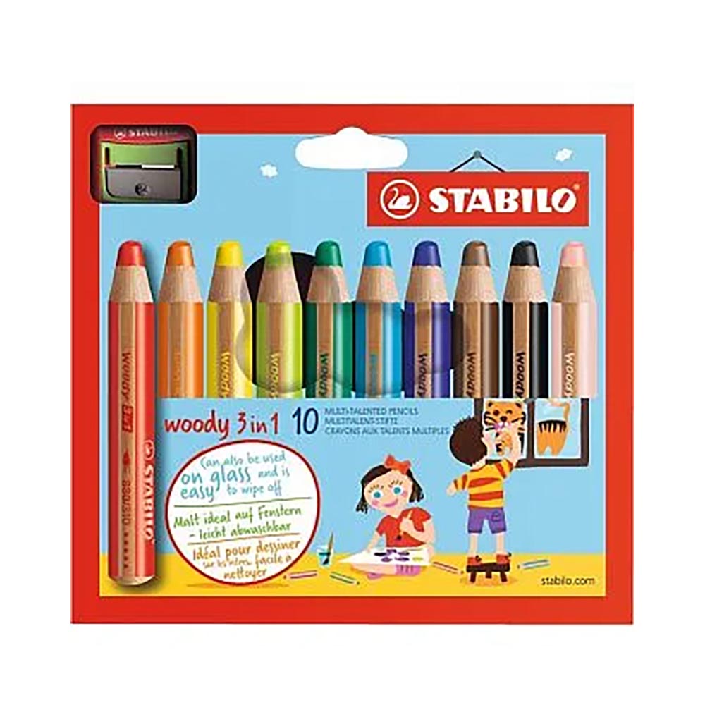 STABILO 德國 思筆樂 woody 3 in 1 伍迪樂三合一可水洗水彩粉蠟筆 附削筆器 10支組/盒 ST880/10-2, , large