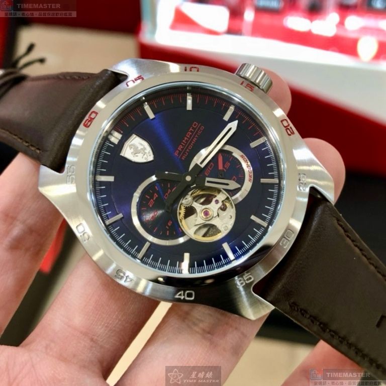 [星晴錶業]FERRARI手錶,44mm,FE00109寶藍色錶面黑錶殼咖啡色真皮皮革錶帶款, , large