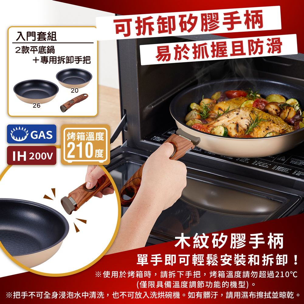 【日本竹原】日本製和樂亭Torepan可拆卸手柄IH不沾鍋3件組(平底鍋20+26cm+手把)可用金屬鏟/適用烤箱, , large