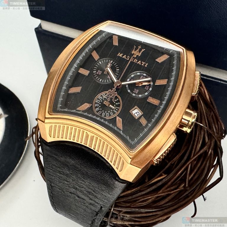 [星晴錶業]MASERATI手錶,42mm, 48mm,R8871605003黑色錶面玫瑰金錶殼深黑色真皮皮革錶帶款, , large