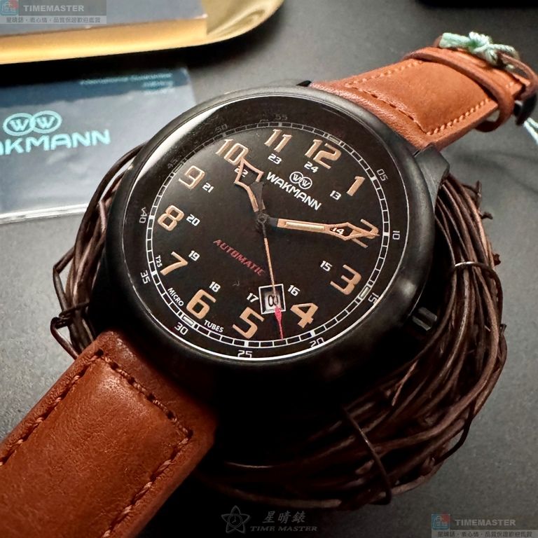 [星晴錶業]WAKMANN手錶,44mm,WA00038黑色錶面黑錶殼咖啡色真皮皮革錶帶款, , large