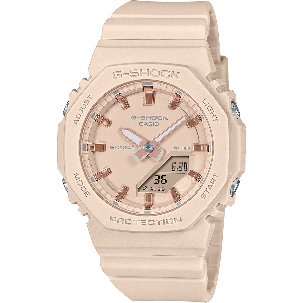 CASIO 卡西歐 G-SHOCK 優雅玫瑰金時標 八角雙顯手錶 520情人節 送禮-奶茶粉 GMA-P2100M-4A, , large