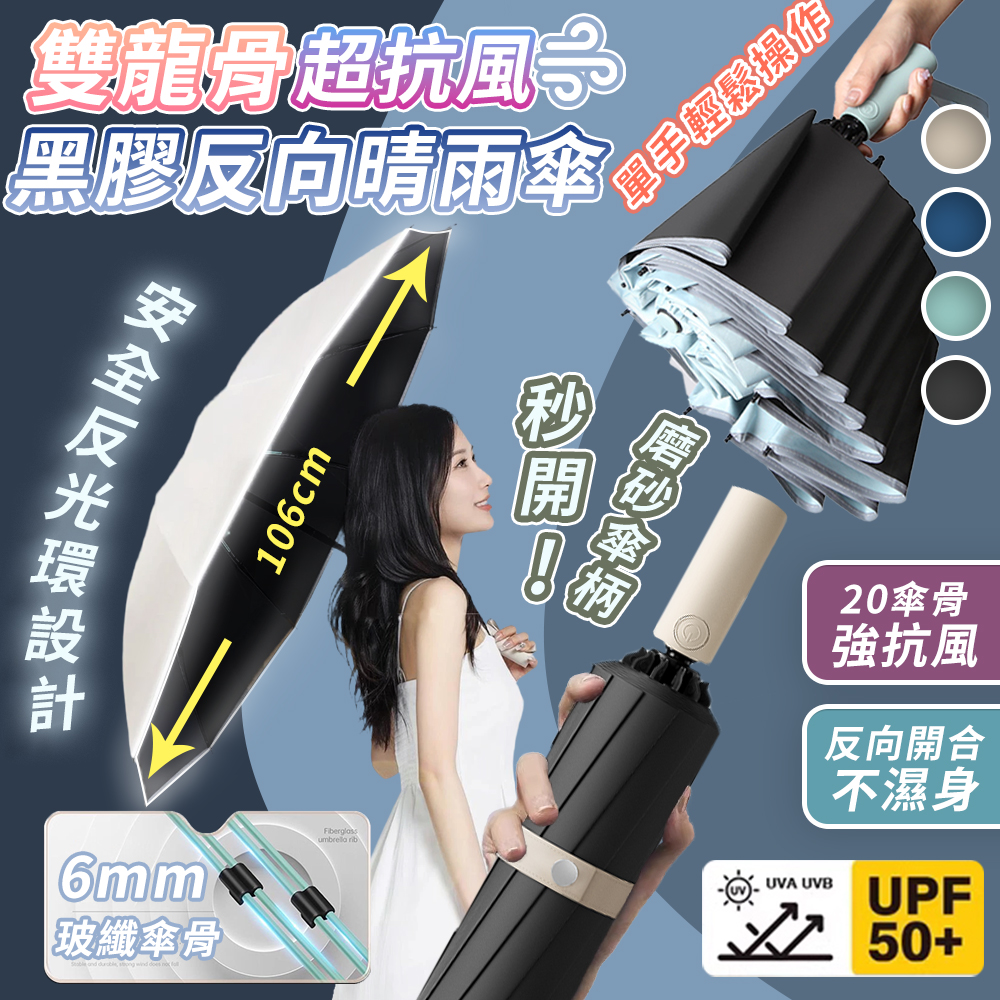 【高品生活】雙龍骨反光反向摺疊自動晴雨傘｜反光反向自動傘｜雙龍骨自動傘｜反向傘｜雨傘｜陽傘, , large