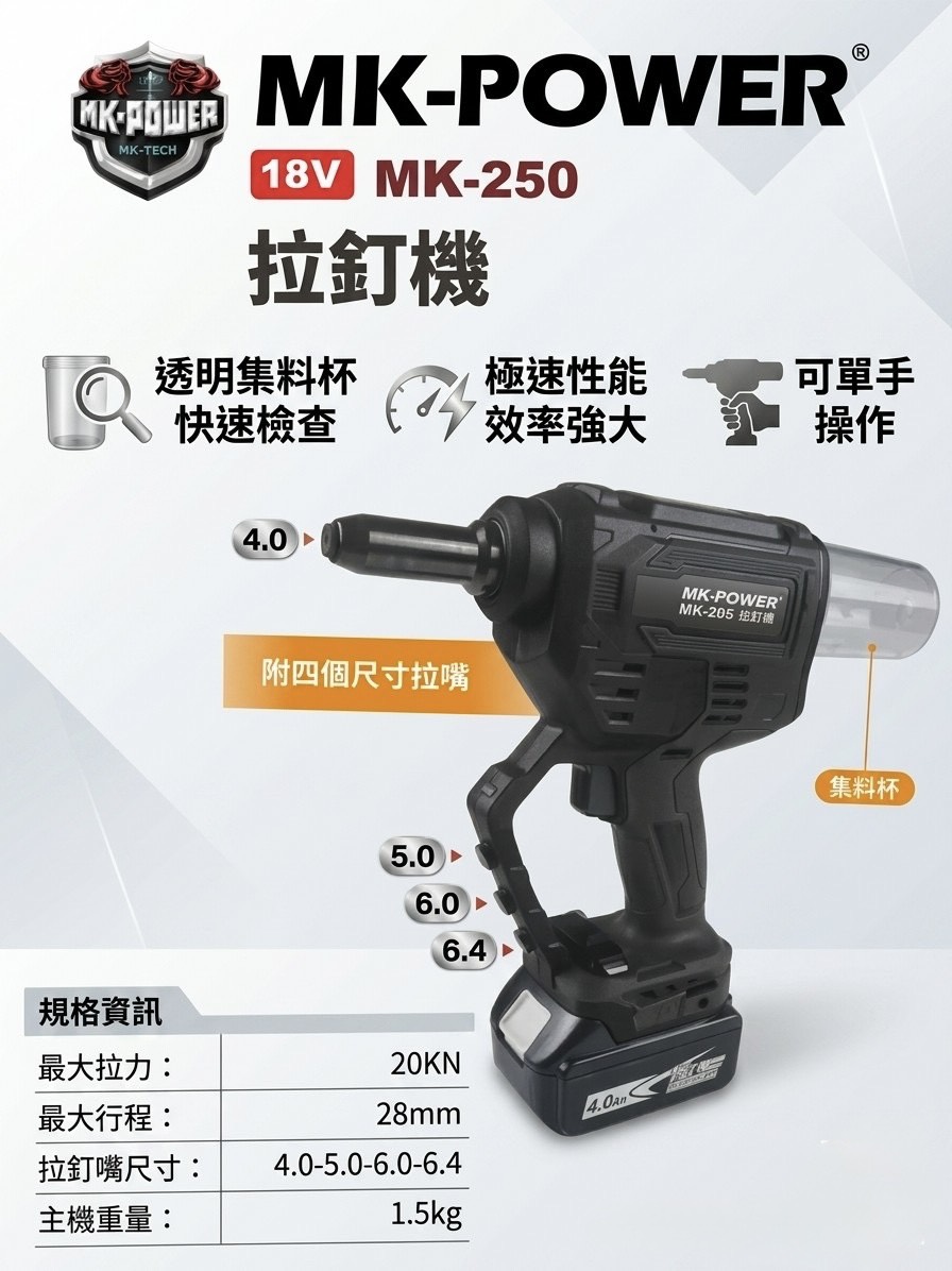 WIN五金 MK-POWER 18V鋰電無刷拉釘槍 <MK-250+6.0電池組> 電動拉釘 充電式拉釘槍 拉丁槍, , large