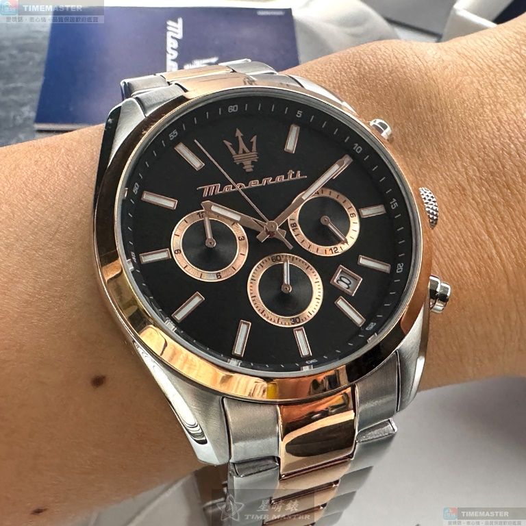 [星晴錶業]MASERATI手錶,42mm,R8853151002黑色錶面玫瑰金錶殼金銀相間精鋼錶帶款, , large