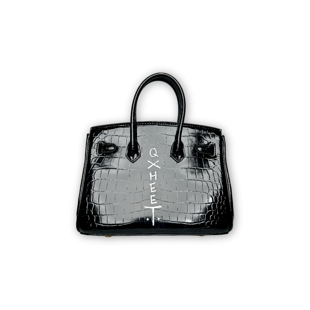 Shoulder handle bright leather hand-painted Birkin bag black (L), , large