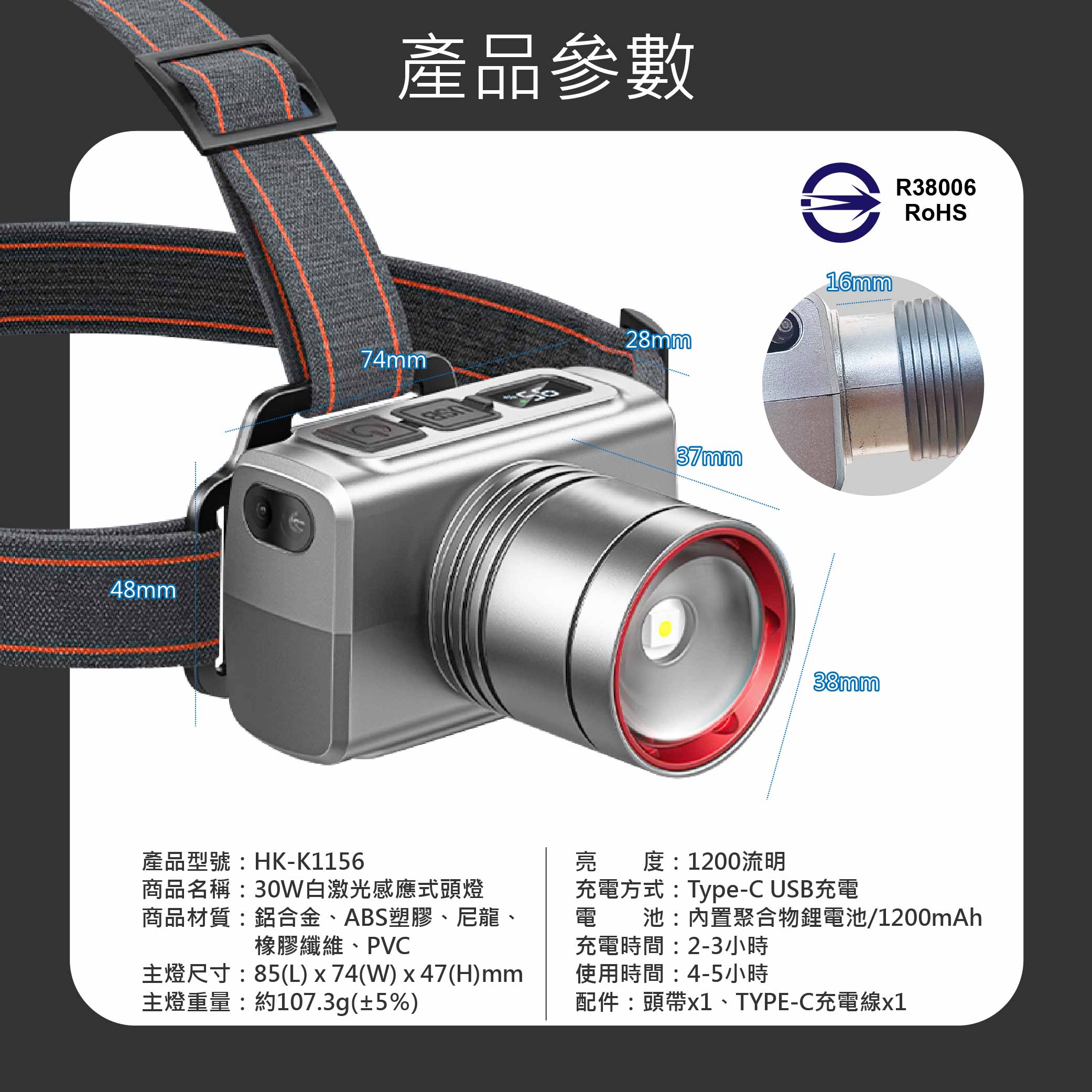 鉅玉經典｜30W白激光感應式頭燈 HK-K1156, , large