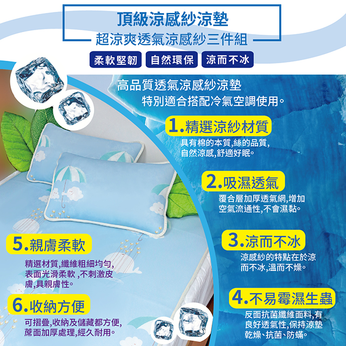 VICTORIA_3D涼感紗雙人涼墊枕套三件組-海錨點點, , large