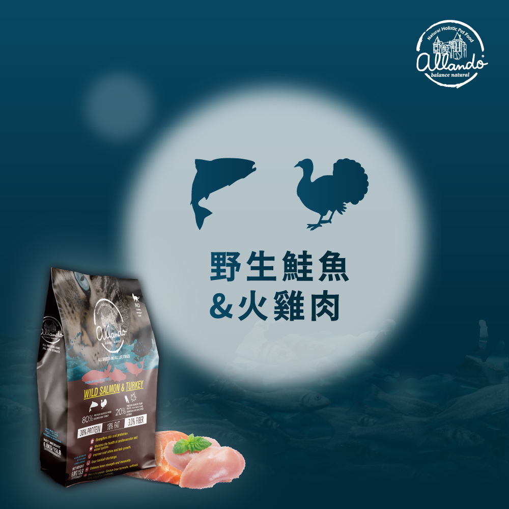 【Allando 奧藍多】無榖貓糧野生鮭魚+火雞肉1.2KG(全齡貓/貓飼料/貓糧), , large